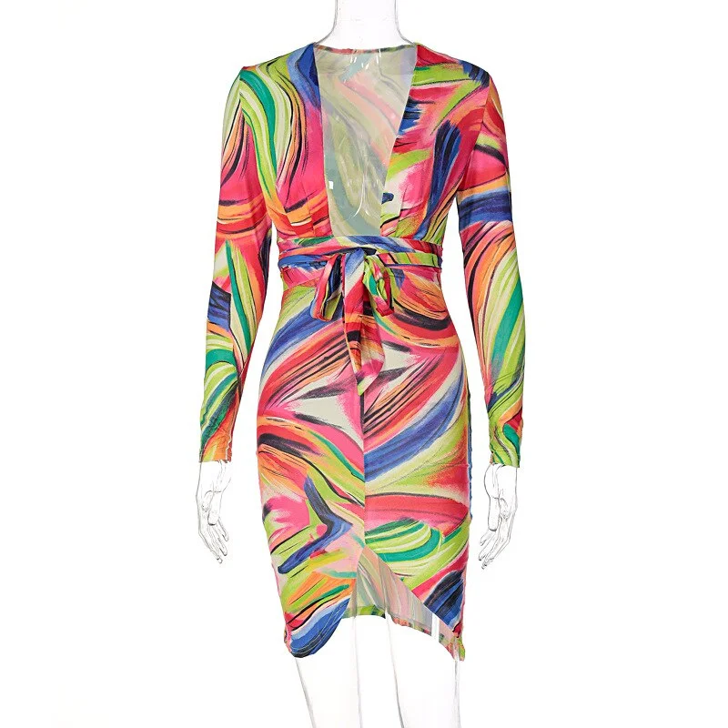2023 Summer Tie Dye Print Long Sleeves Revealing Bodycon Bandage Mini Dress Women Fashion Outfits  Club