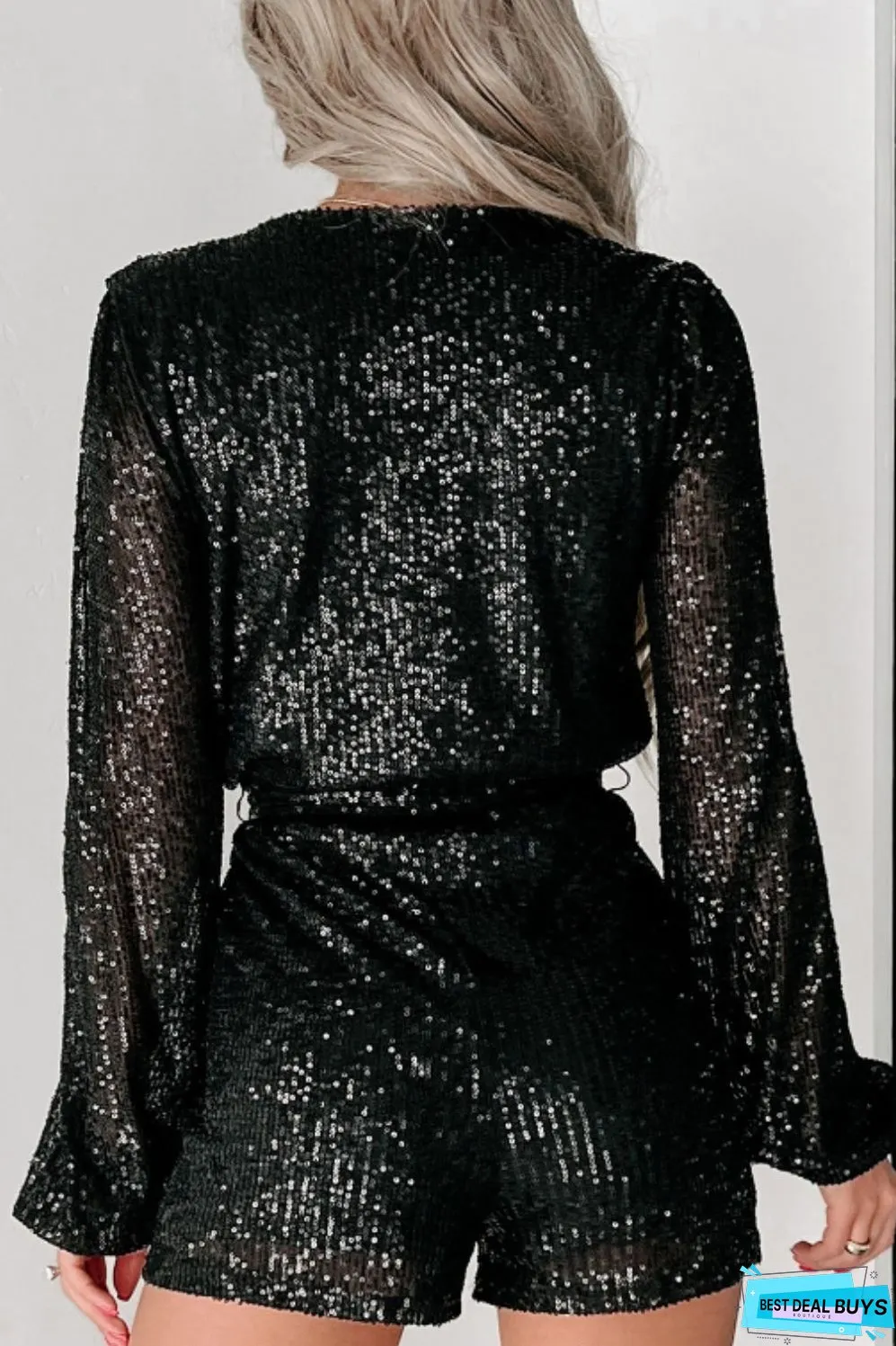 Sequin Surplice Long Sleeve Romper