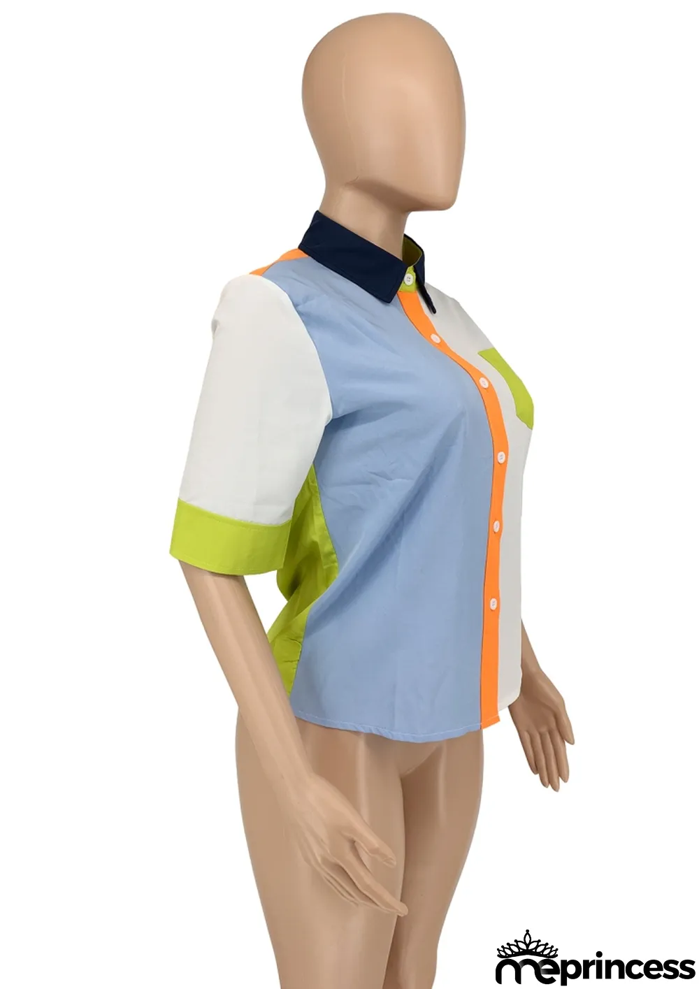 Women Autumn Blue Modest Turn-down Collar Half Sleeves Color Blocking Pockets Regular Shirt