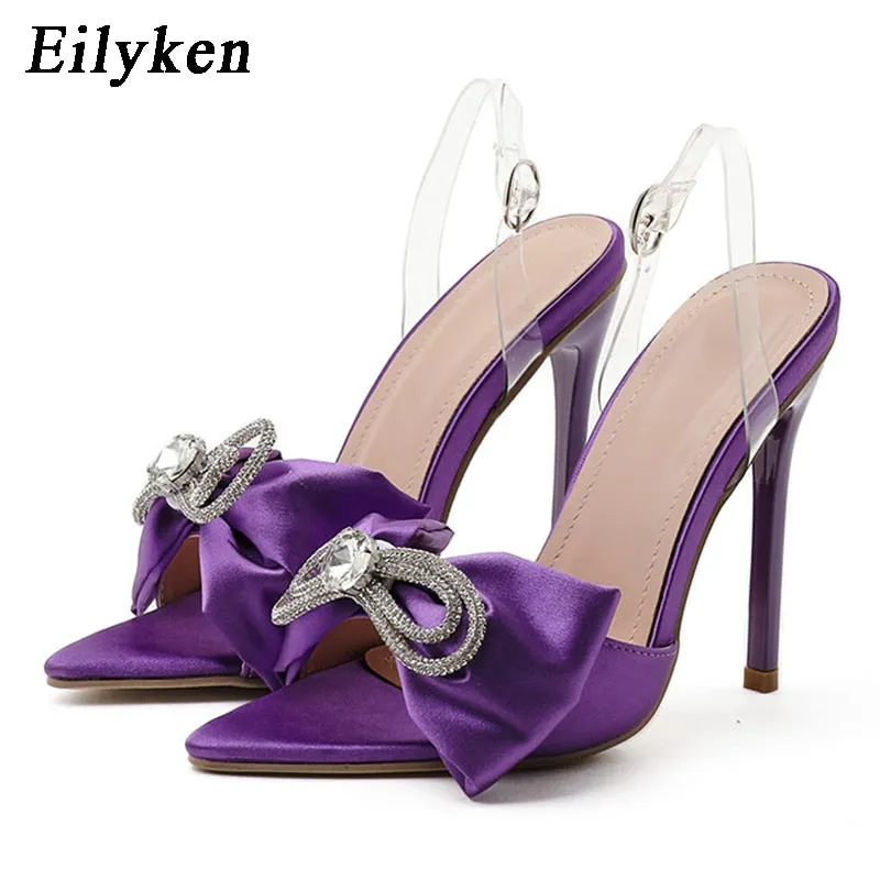 Eilyken Rhinestone Silk Butterfly-knot Women Mule high heels Slippers Sandals Pointed toe Strappy Slides Party shoes size 35-42