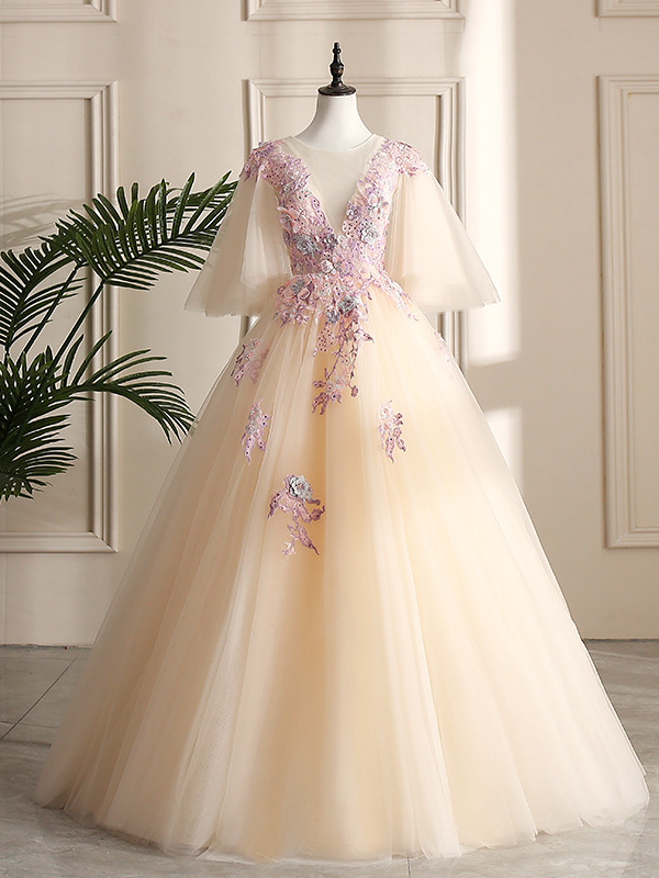 Elegant Flower Mesh Bandaged Plunging Neck Embroidered Maxi Dress