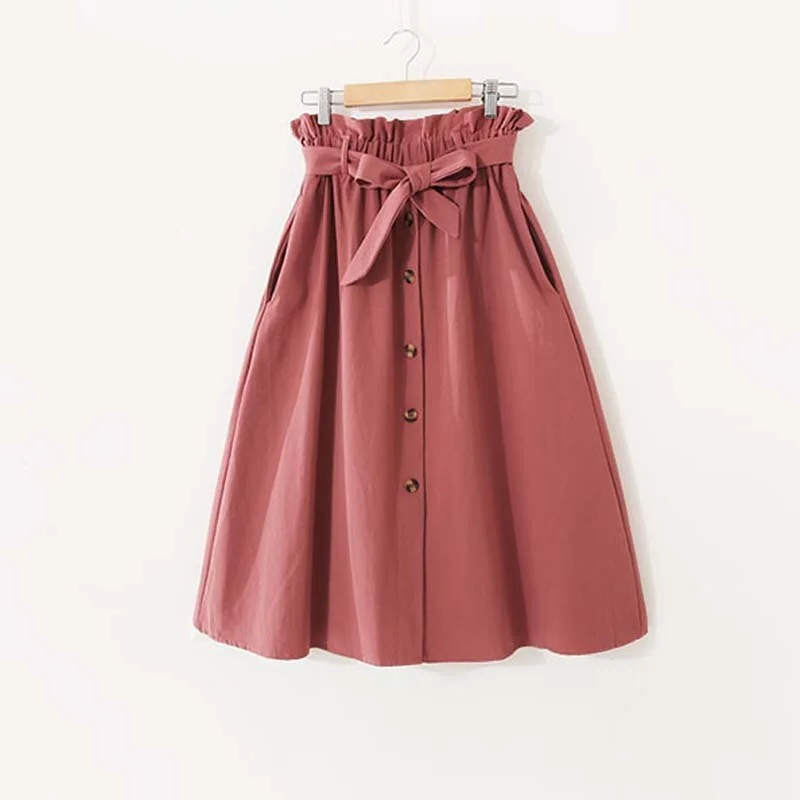Women Elegant High Waist Midi Skirt Spring And Summer Casual Single-Breasted Solid Black White Bowknot Belt Office A-Line Skirt