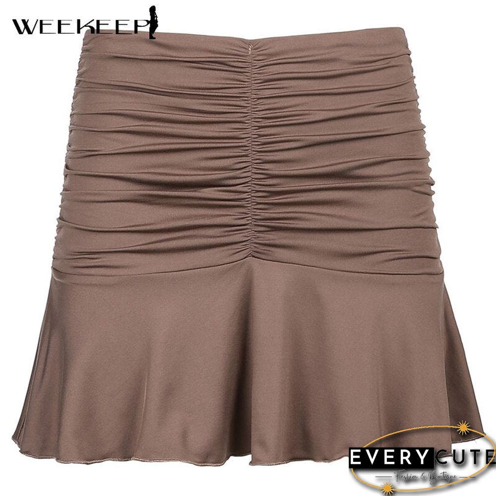 Weekeep Summer Ruched Pleated Skirt Women High Waist Fashion 90s Mini Skirts Lady Elegant New Beach Streetwear Clothes