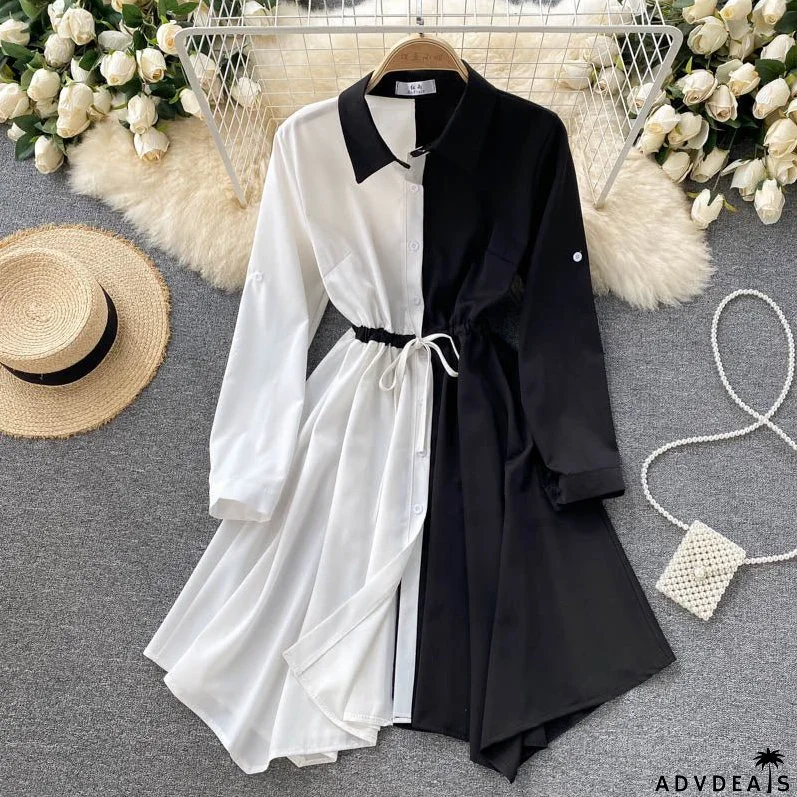 Irregular Dress with Contrast Stitching and Drawstring Tie Waist - A Thin and Stylish Choice