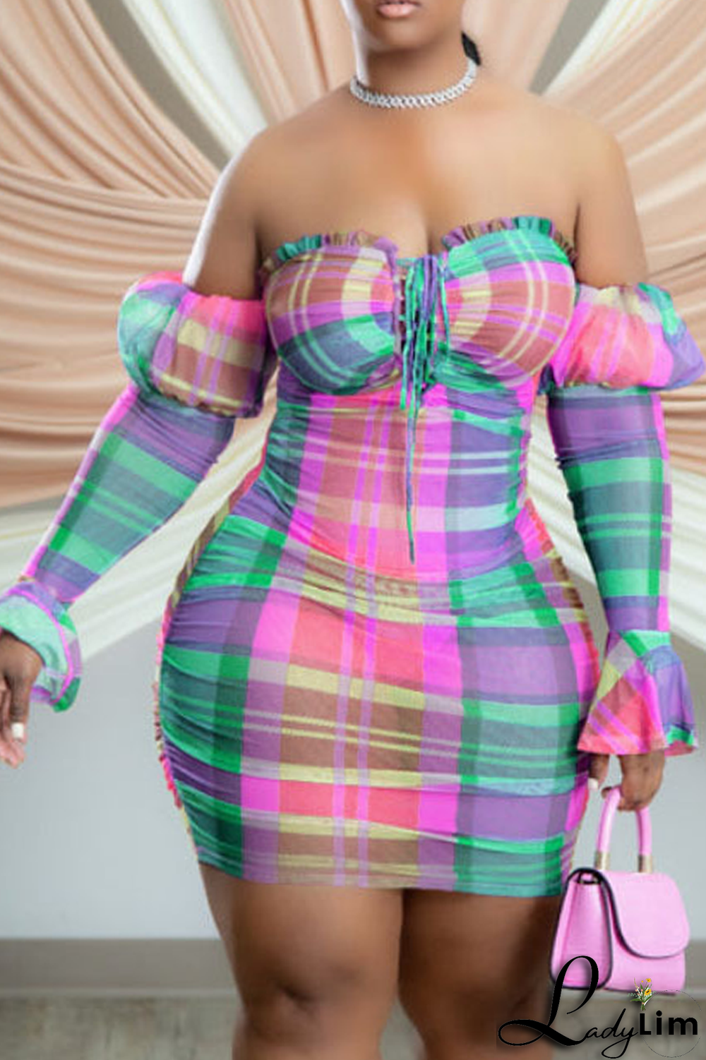 Blue Sexy Plaid Split Joint Off the Shoulder Pencil Skirt Dresses