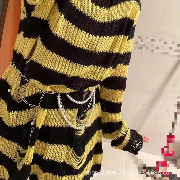 Churchf Churchf Hole Hollow Out In The Long Sweater Female Stripe Loose Color Dark Versatile Knit Niche Punk