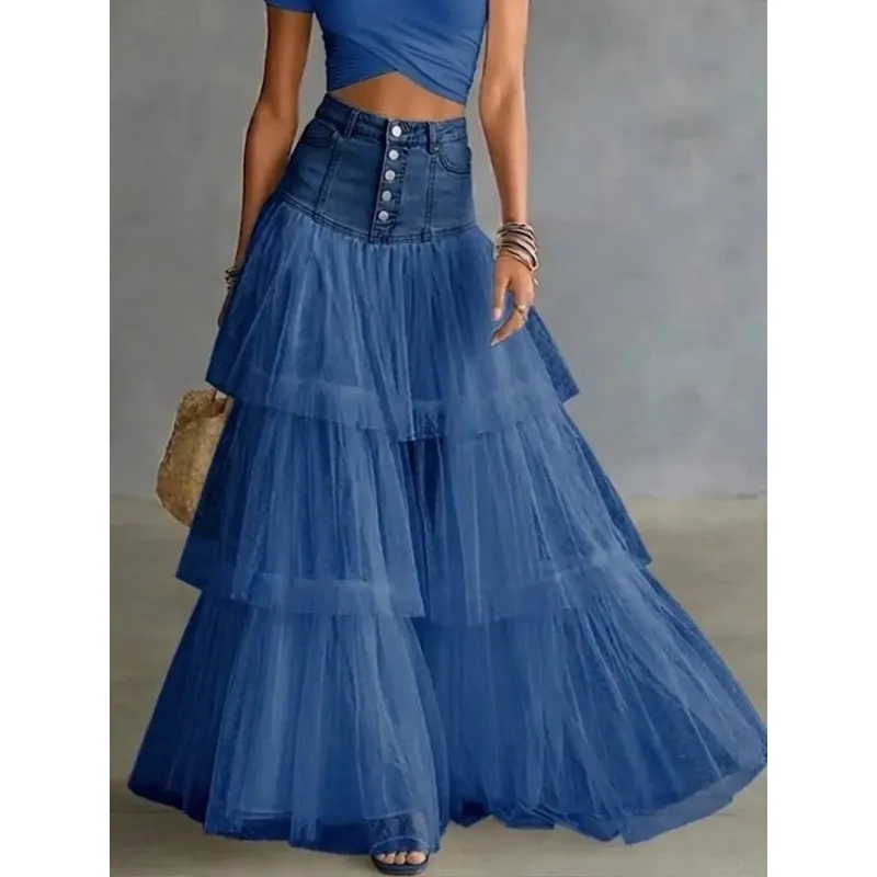 Women High Waist Denim Patchwork Tiered Tulle Maxi Skirt