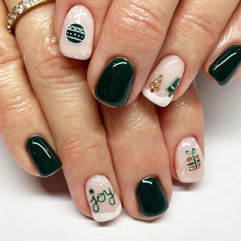 Churchf Lovely Christmas Tree Nail Dark Green White Snow Fake Nails Short European Square Nail Removable