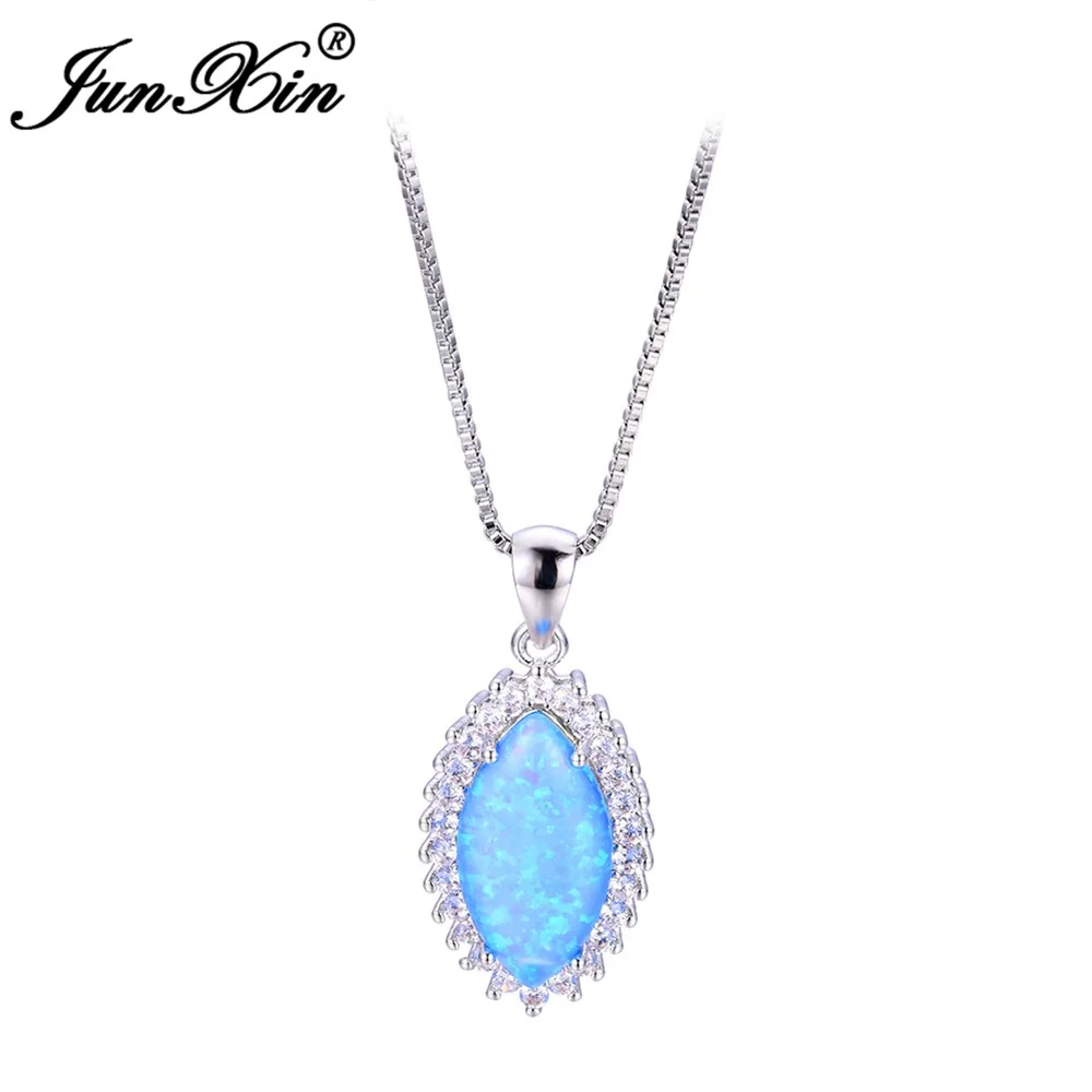 JUNXIN Brand Design Luxury Women Blue Opal Necklace Silver Color Necklaces Pendants For Women 2017 Fashion Jewelry