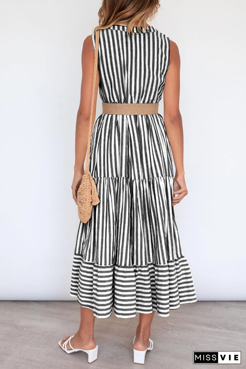 Casual Elegant Striped Flounce Without Belt V Neck A Line Dresses