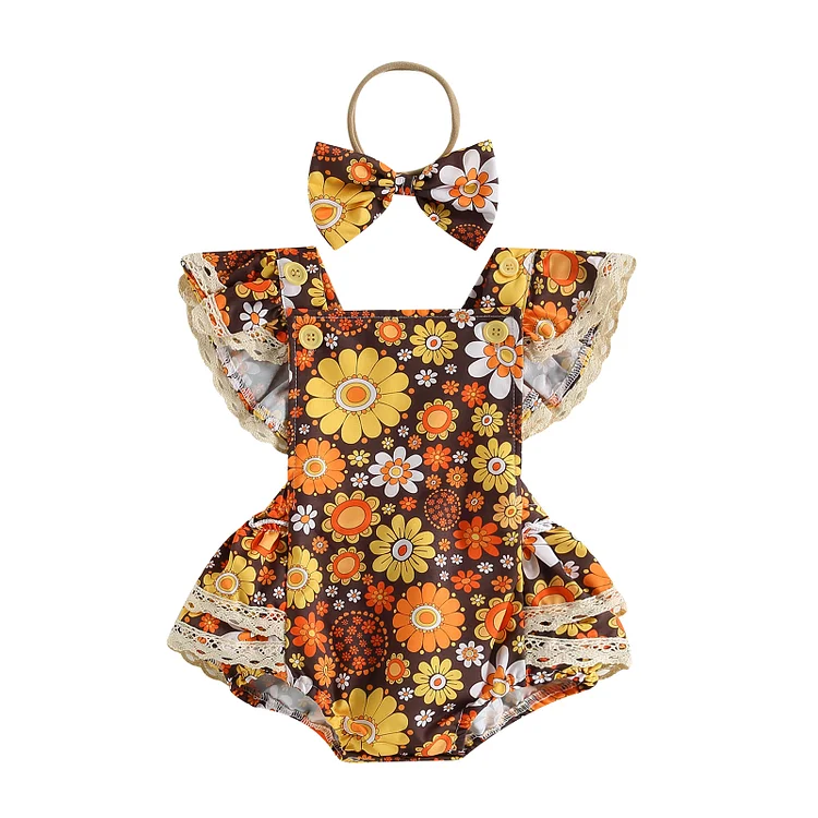 Baby Girl Romper Set Ruffled Flying Sleeve Jumpsuits Cute Headband Outfit