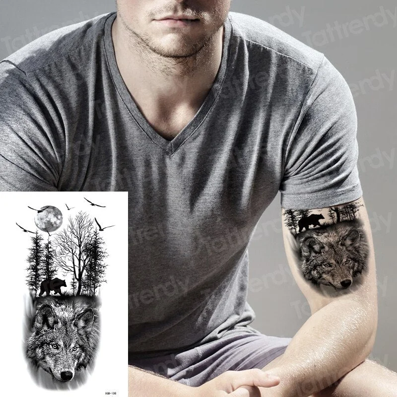 Temporary Tattoo Sticker Forest Moon Bird Bear animal Tattoos Waterproof Leopard Wolf Tiger Body Art Arm flower Fake Tattoo Men