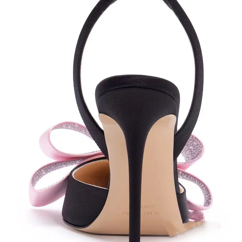 Yyvonne Yyvonne New Pointed Thin Heel Ultra High Heel Bow Rhinestone Head Large Size Hollow Rear Empty Sandals Woman