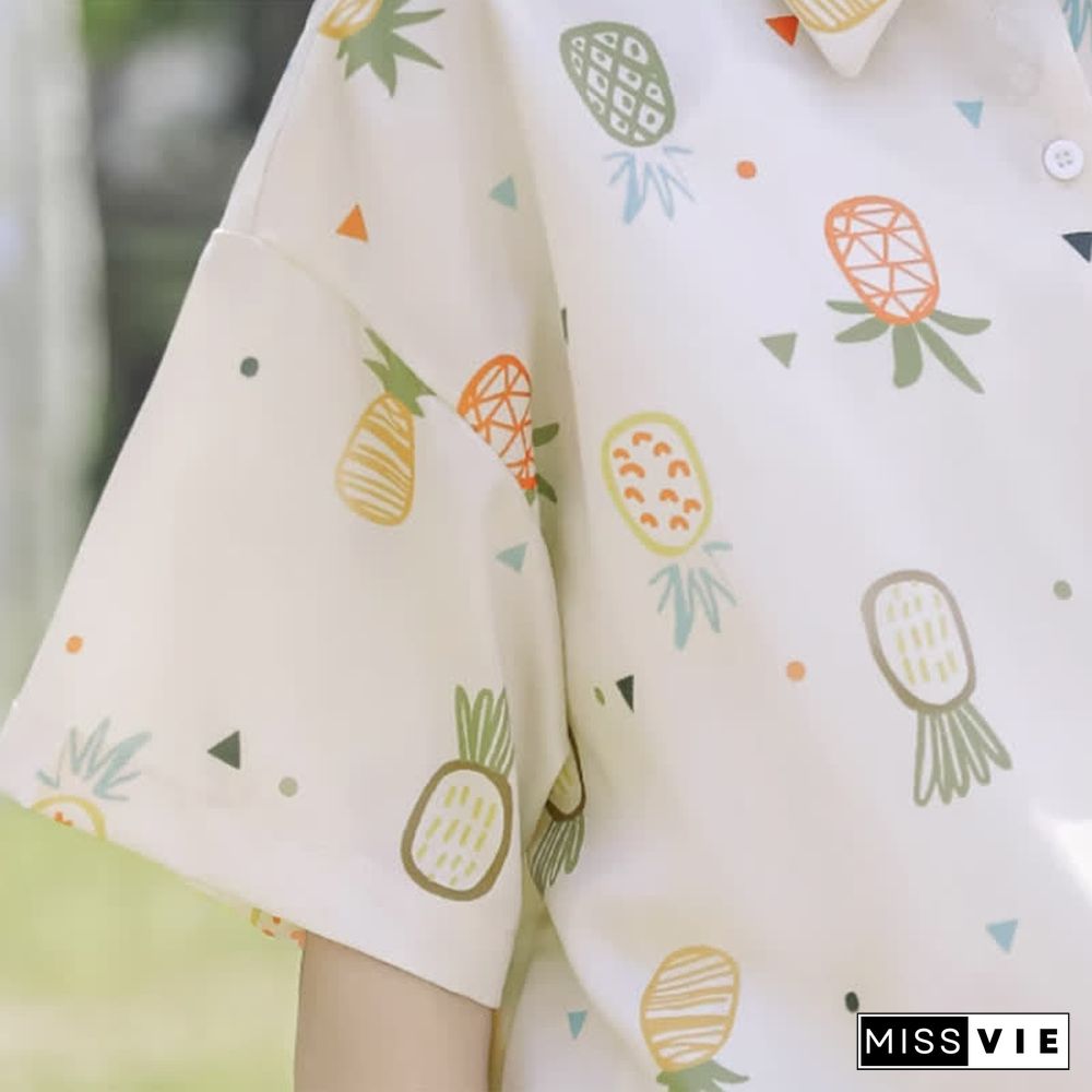 Vintage Pineapple Print Short Sleeve Casual Polo Shirt