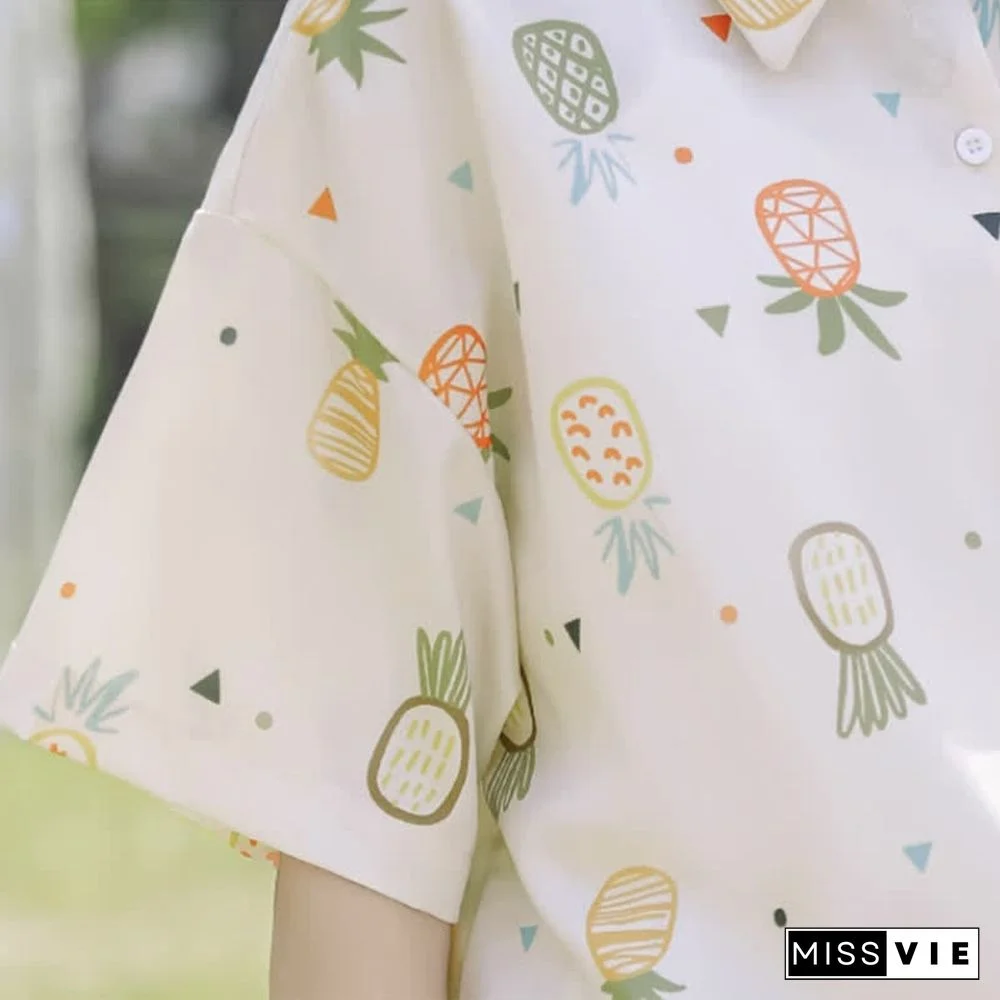 Vintage Pineapple Print Short Sleeve Casual Polo Shirt