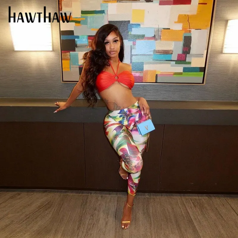 Hawthaw Women Autumn Printed Long Pencil Pants Bottoms Dropshipping Streetwear Wholesale Items For Business 2021 Fall Clothes
