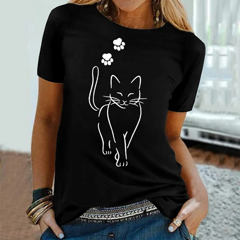 Cat Print Crew Neck Casual T-Shirt