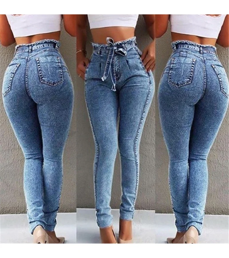 Women Fashion High Waisted Sash Tight Jeans S-5XL