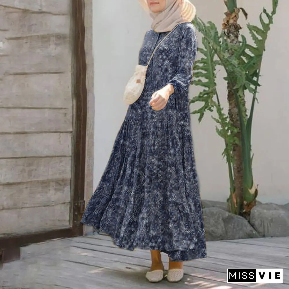 ZANZEA Women Muslim Elegant Baggy Kaftan Flota Robe Printed Abaya Holiday Dubai Islam Long Maxi Shirt Dress