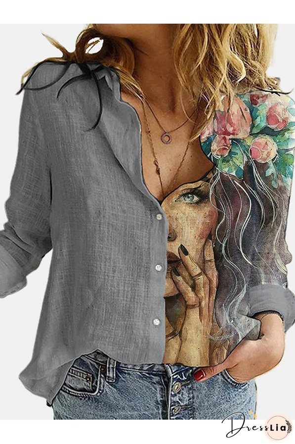 Figure Print Button Design Long Sleeve Casual Blouse