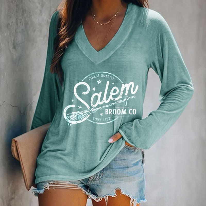 Salem Broom Company Since 1692 Print Women V-neck Green Blouse