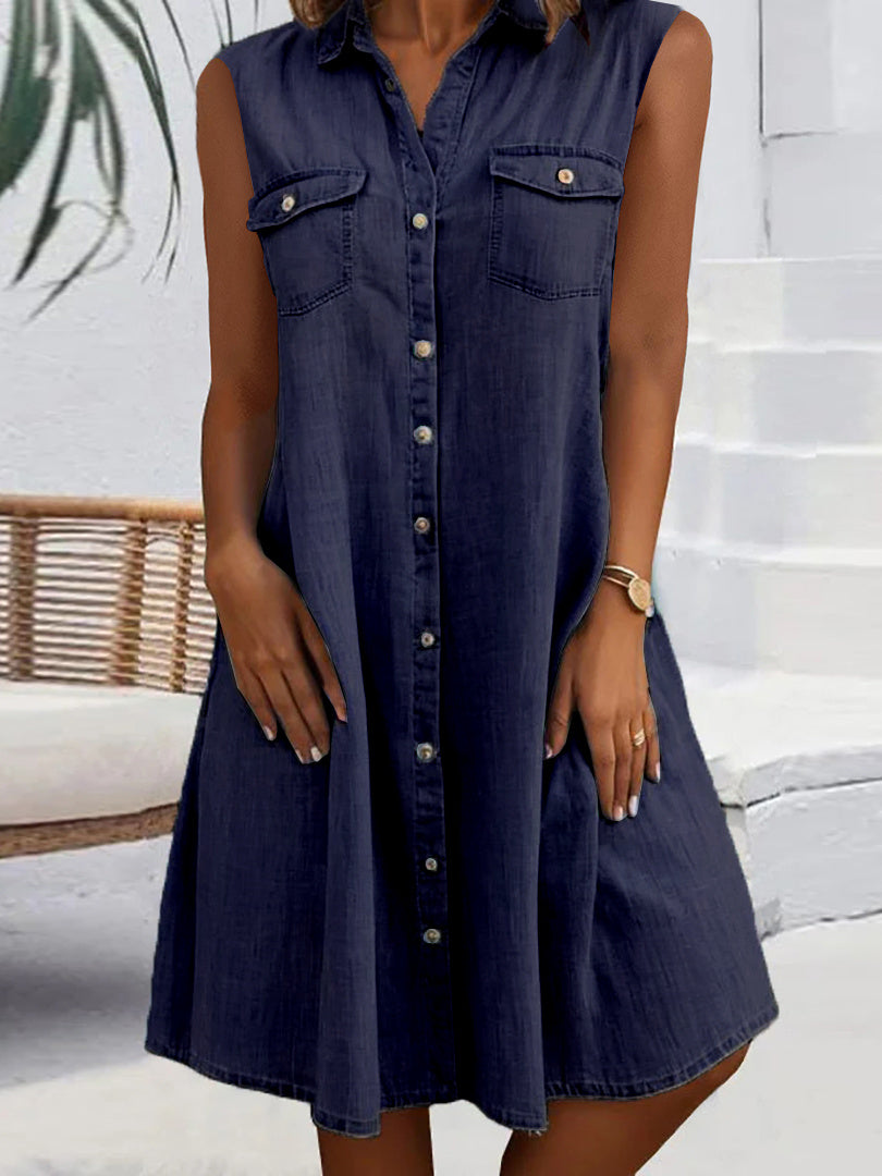 Women Sleeveless Shirt Collar Solid Button Pockets Denim Midi Dress