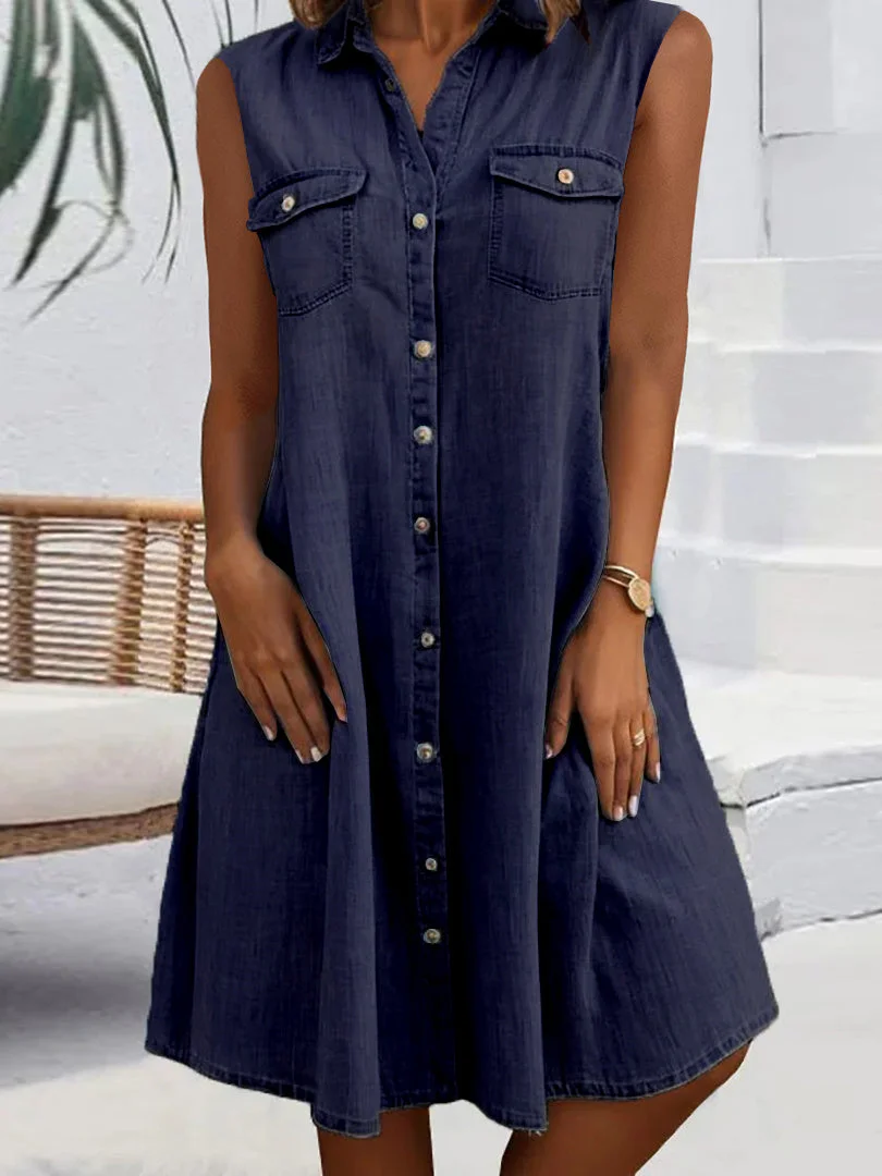 Women Sleeveless Shirt Collar Solid Button Pockets Denim Midi Dress
