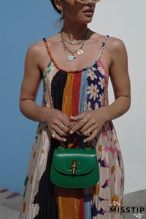 Scoop Neck Color Block Floral Print Ruffle Maxi Cami Dress