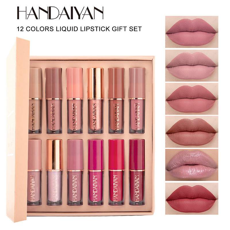 Cross-border Lip Gloss suit Pearlescent Fine Flash 12 Color handaiyan Waterproof non-stick Matte Lipstick Lip Glaze suit
