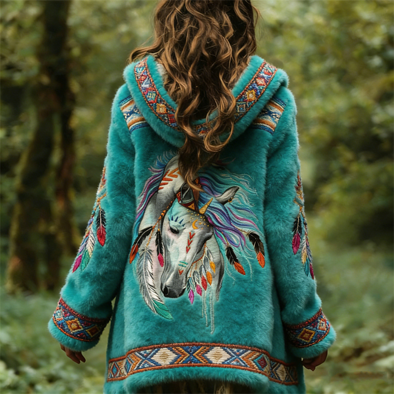 Indian Horse Ethnic Feathers Aztec Cozy Plush Midi Cardigan wearshes