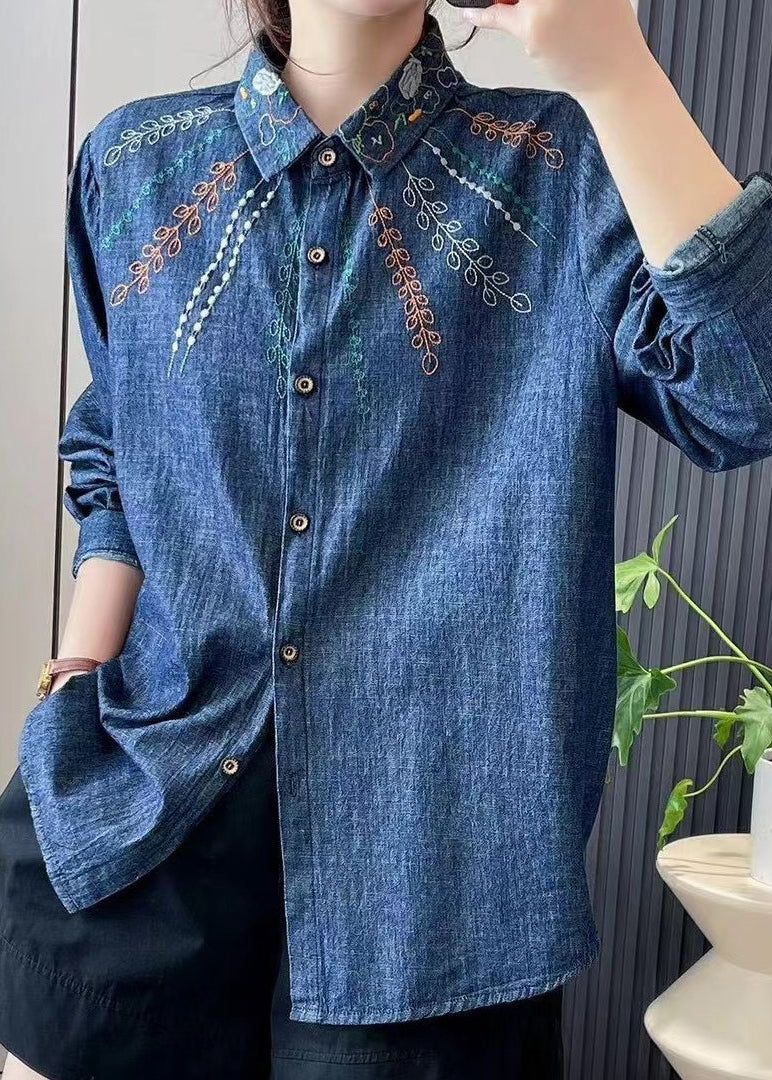 VCSHOES Denim Blue Peter Pan Collar Embroidered Button Shirt Long Sleeve
