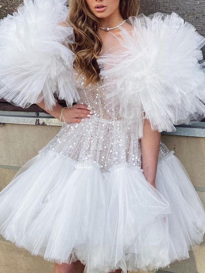 Neosepa-Luxurious Fluffy Mesh Sleeve Transparent Sequins Patchwork Mini Dress Party Gown