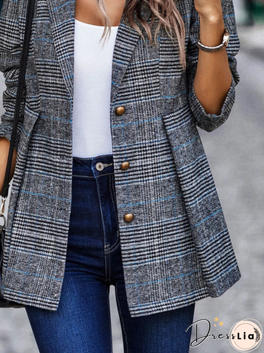 Casual Urban Plaid Texture Shawl Collar Long Sleeve Blazer
