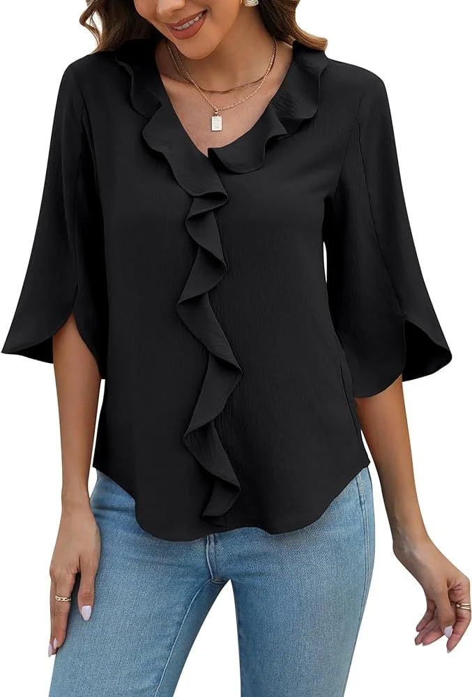 Women's V-Neck 3/4 Ruffle Sleeve Tops