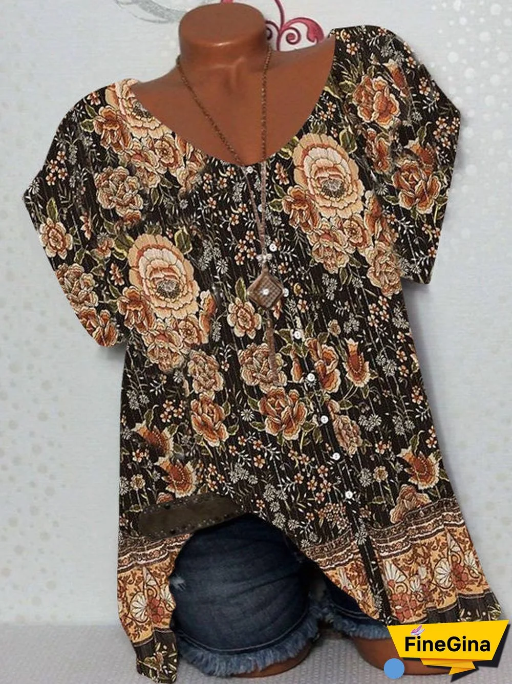 Women Short Sleeve Scoop Neck Floral Printed Stitching Top