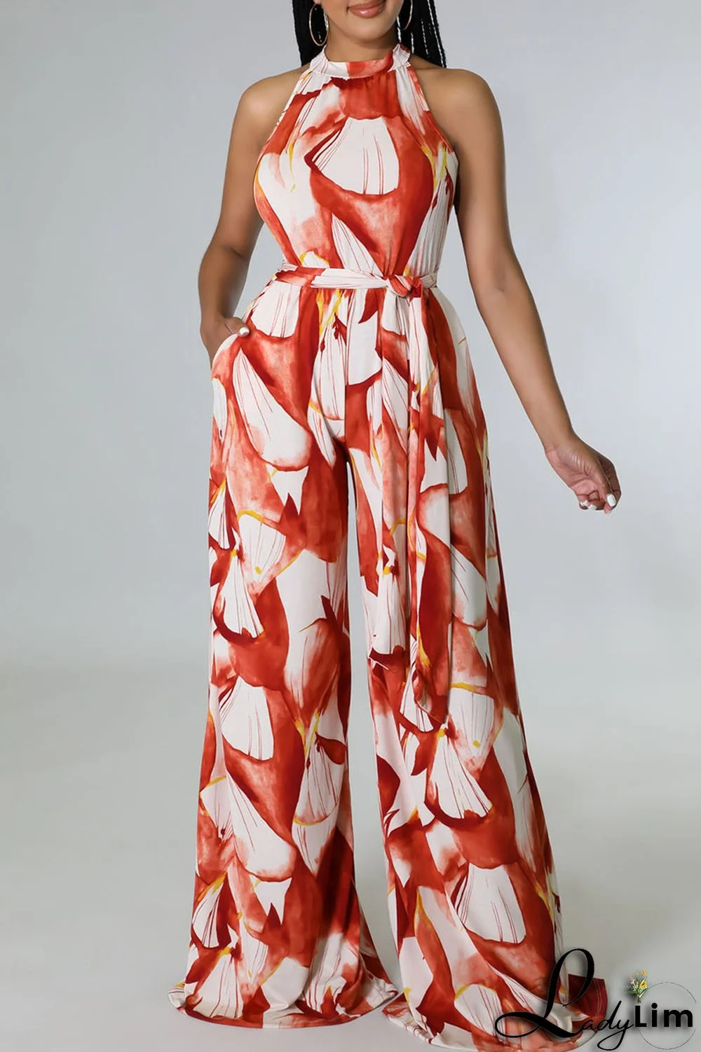 Red Casual Print Bandage Split Joint O Neck Straight Jumpsuits