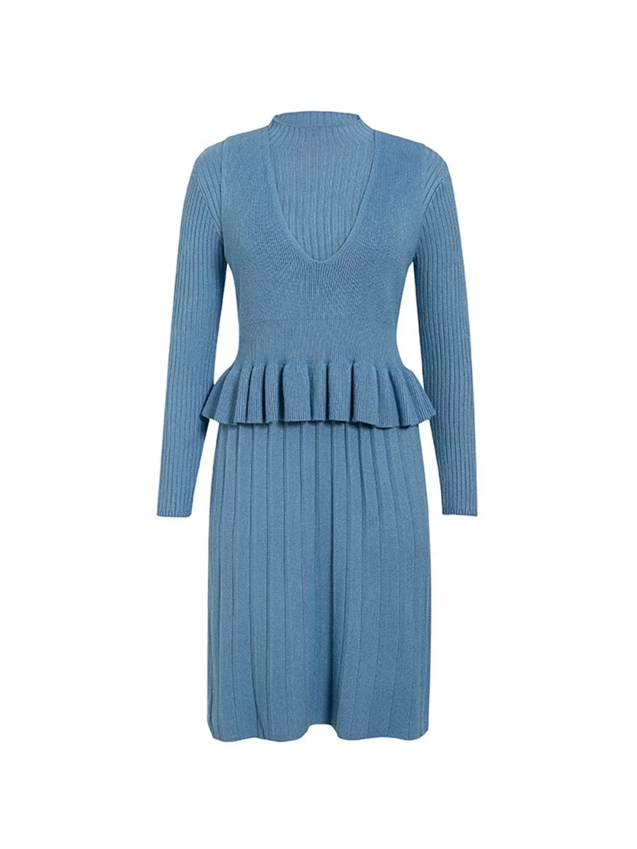 Knitted Dress Set Elegant Solid Striped Ruffle Slim 2 Pieces Set