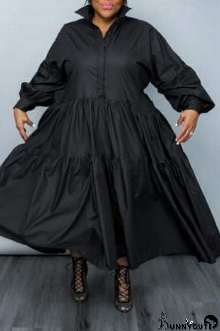 Black Casual Solid Split Joint Turndown Collar Cake Skirt Plus Size Dresses (Without Belt)