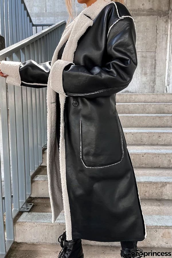 Harvey Pocket Long Sleeve Leather Plush Lined Button Down Coat