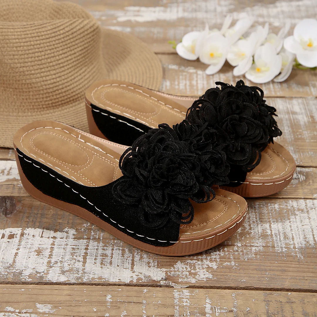 Breakj Breakj New Summer Women's Slope And Thick-Bottom Slippers Large-Size Wear With Flowers Decoration