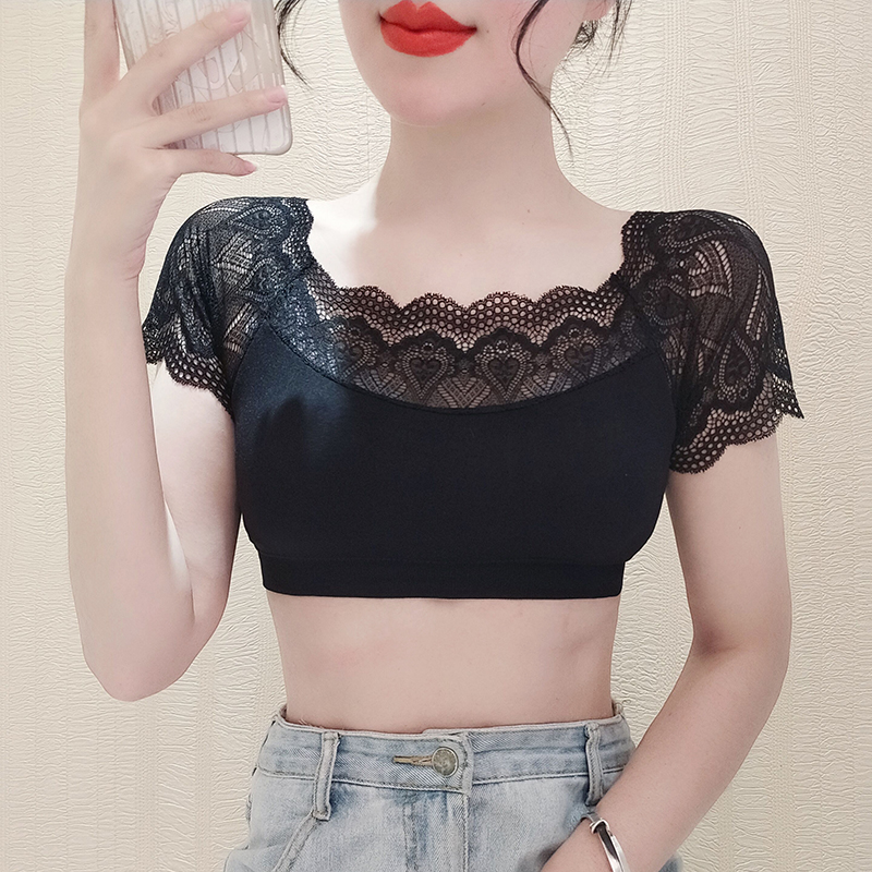 Marzikers Lace Splice Short Sleeve Base Shirt Beautiful Back Design Halter Neck Super Short Sle Women's Top Korean Sle Commute Pure...