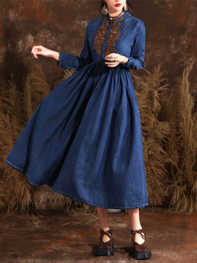 Women's Denim Embroidery Long Sleeve Scoop Neck Dress