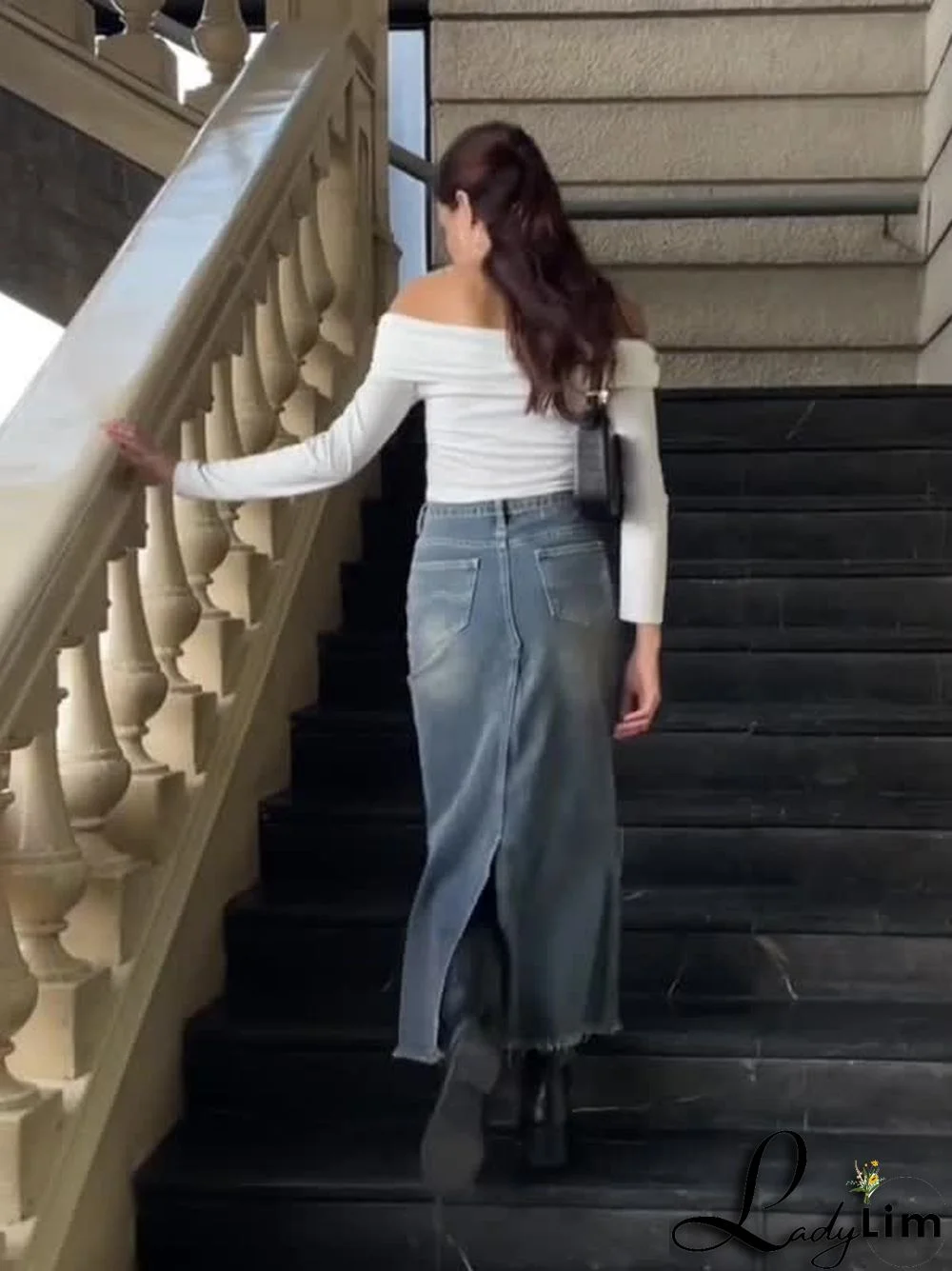 Back Slit Patchwork Long Denim Skirt