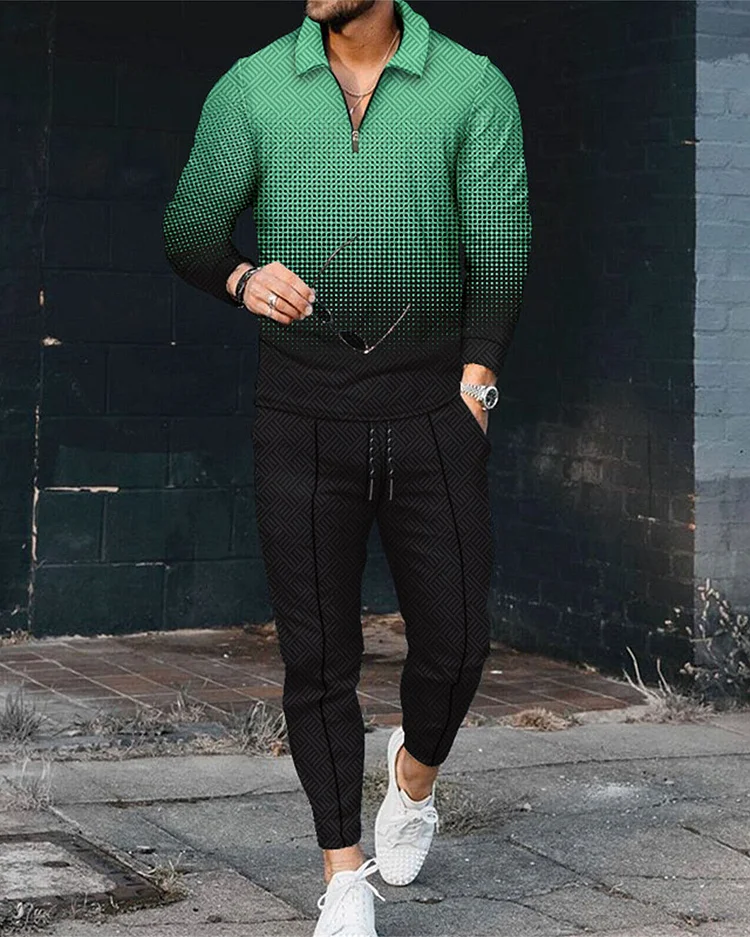 Men's Gradient Polka Dots Long Sleeve Zipped POLO Trousers Set  0267