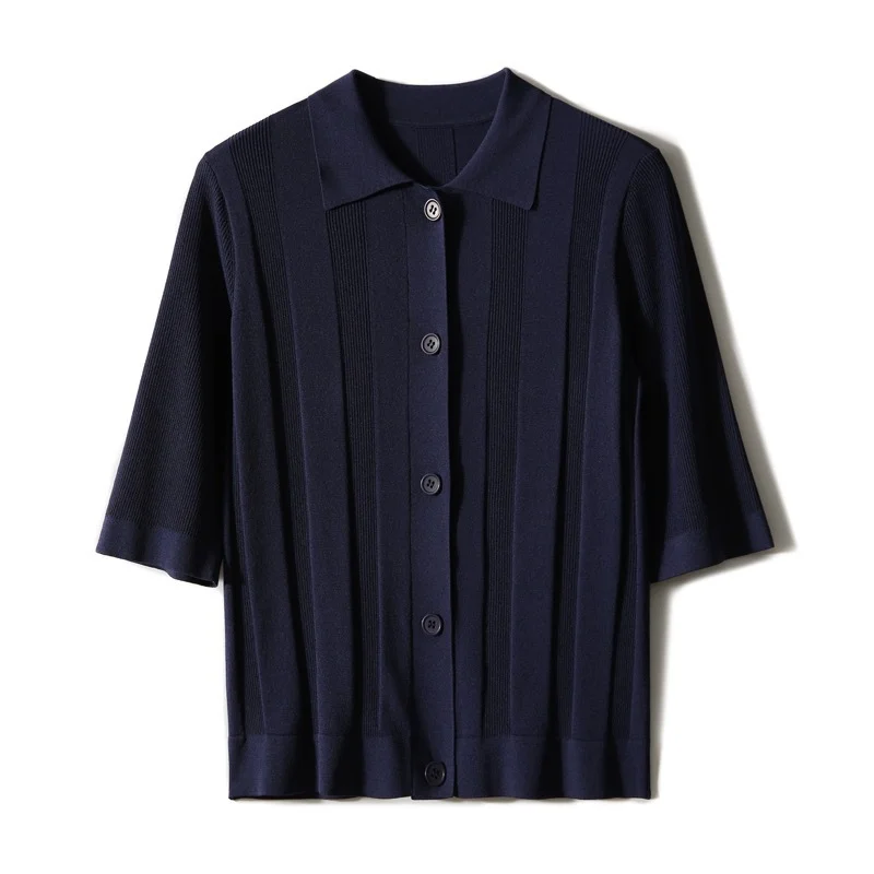 Uveng Uveng High-End Simple Style Polo Shirt Female Summer Temperament Wearing Knitted Short-Sleeved Open-Sleeve Ice Blouse