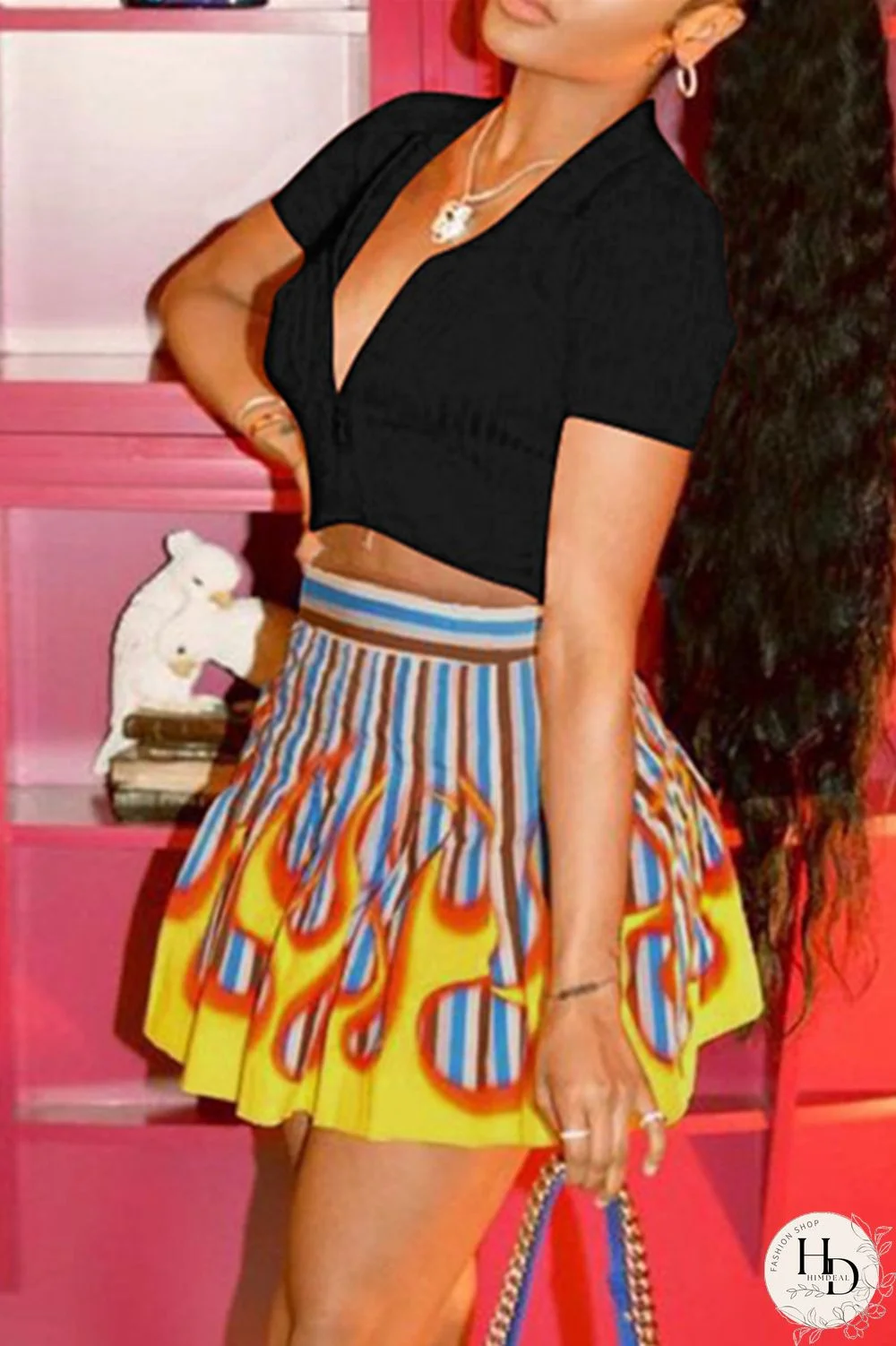 Orange Red Sexy Casual Print Basic Zipper Collar Short Sleeve Two Pieces