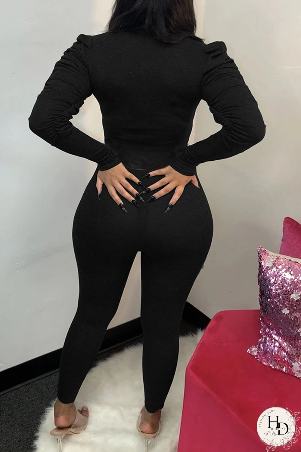 Black Polyester Casual Two Piece Suits Solid pencil Long Sleeve Two-piece Pants Set