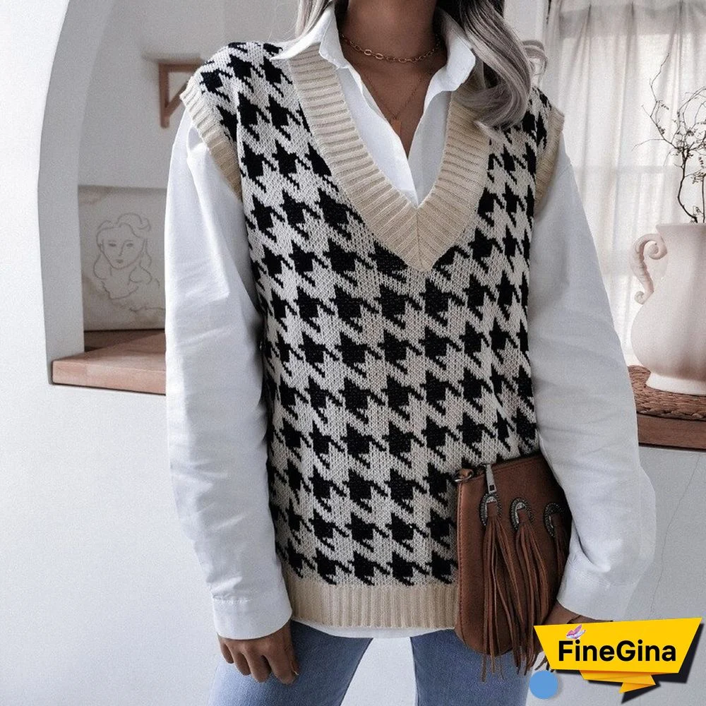Women's Houndstooth Knit Sweater Vest Autumn New Loose V-neck Sleeveless Elegant Fashion Casual Vest Sweaters Pullover
