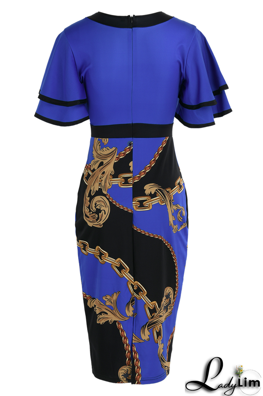 Blue Vintage Print Flounce O Neck Pencil Skirt Dresses