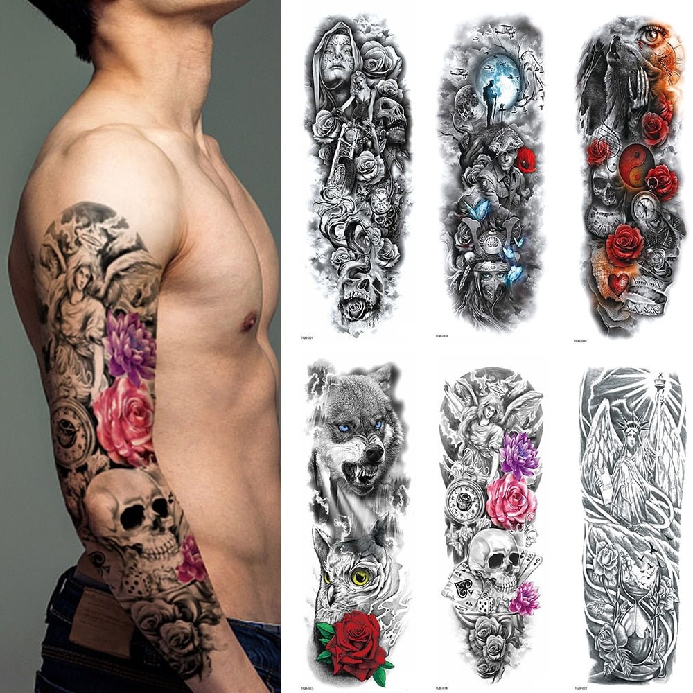1 Sheets Full Arm Leg Extra Large Temporary Tattoos, Body Art For Men And Women - Wolf,Tiger,Bear,Warrior,Tribal Symbol